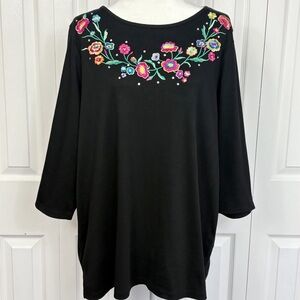 Quacker Factory Black Colorful Floral Embroidered Neck 3/4 Sleeve Top 1X